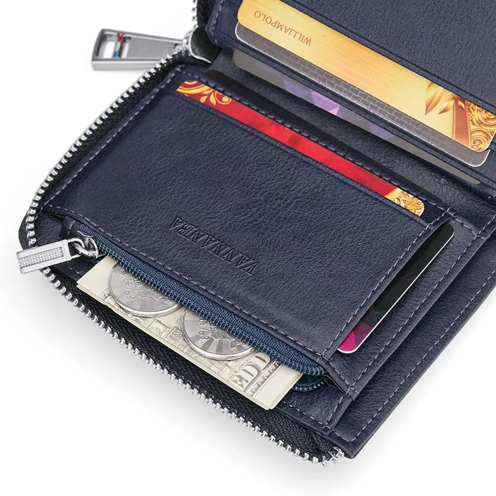 VANNANBA Wallets for Men Genuine Leather,Slim Zipper Mens Wallet RFID Blocking with Front Pocket