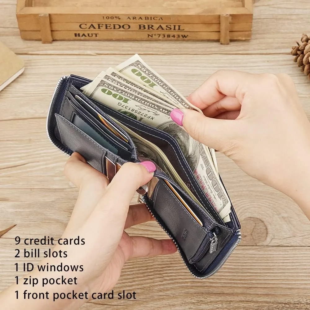 VANNANBA Wallets for Men Genuine Leather,Slim Zipper Mens Wallet RFID Blocking with Front Pocket