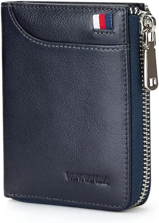 VANNANBA Wallets for Men Genuine Leather,Slim Zipper Mens Wallet RFID Blocking with Front Pocket