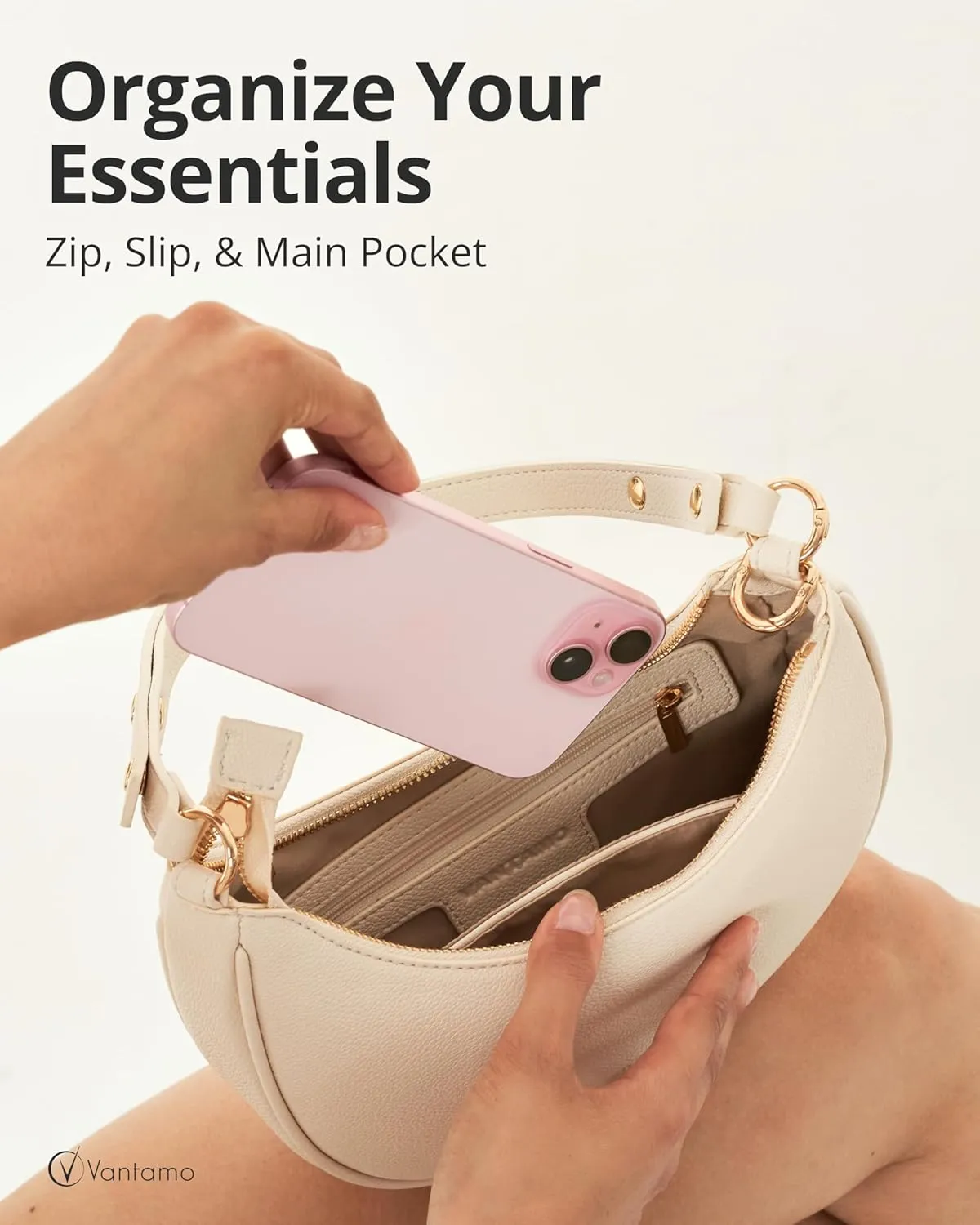 Vantamo Crescent Bags For Women with RFID Protection, Half Moon Clutch Purses for Women with Anti-Theft Clip for Extra Safety
