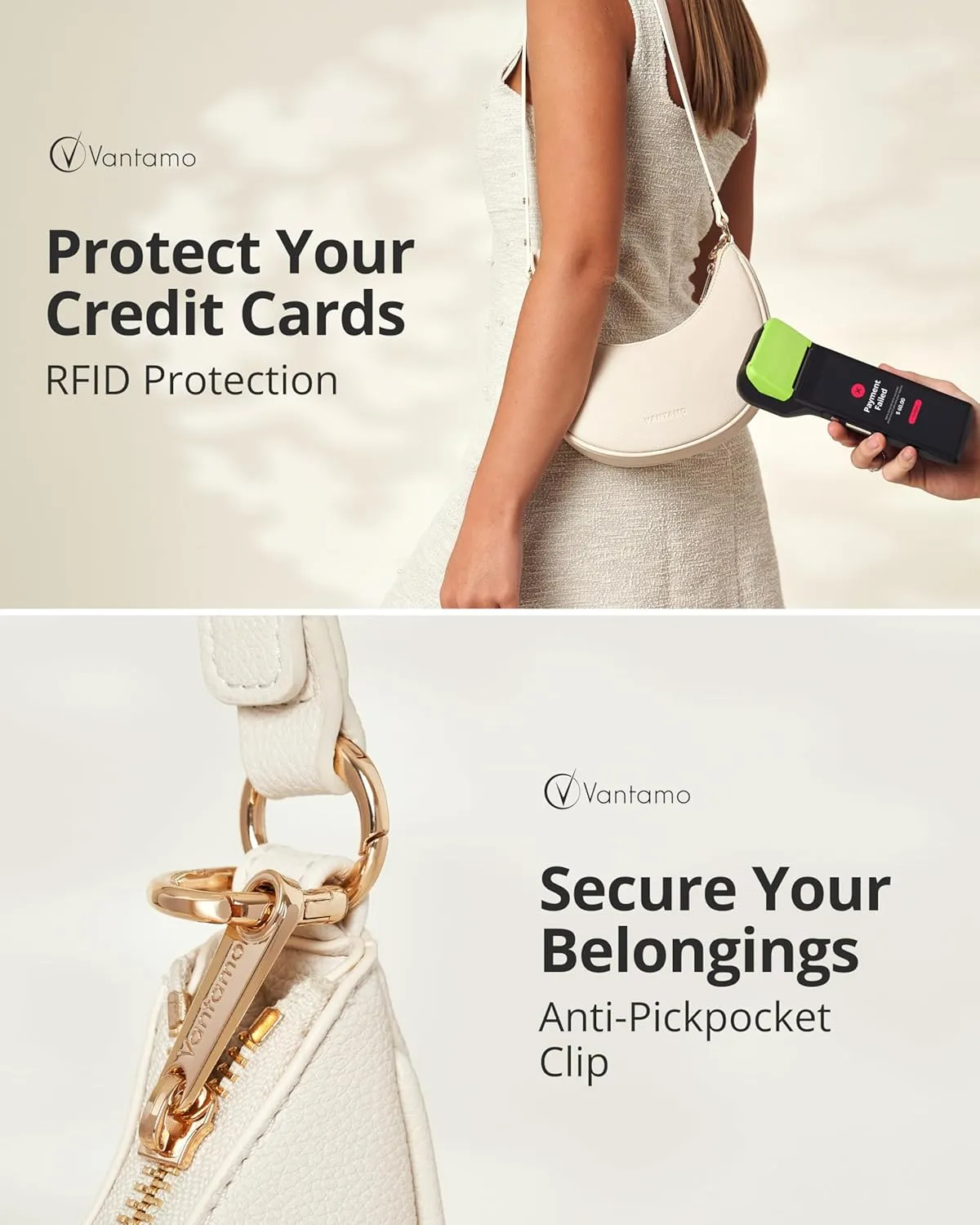 Vantamo Crescent Bags For Women with RFID Protection, Half Moon Clutch Purses for Women with Anti-Theft Clip for Extra Safety
