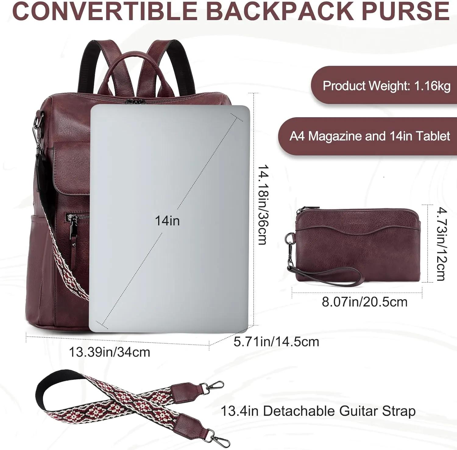 VASCHY Backpack Purse for Women, Large Vegan Leather Backpack Purse with Wallet Pouch Set Convertible Handbag for Ladies Guitar Strap Burgundy