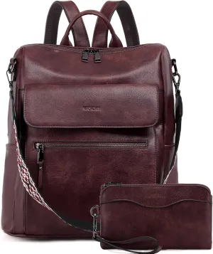 VASCHY Backpack Purse for Women, Large Vegan Leather Backpack Purse with Wallet Pouch Set Convertible Handbag for Ladies Guitar Strap Burgundy