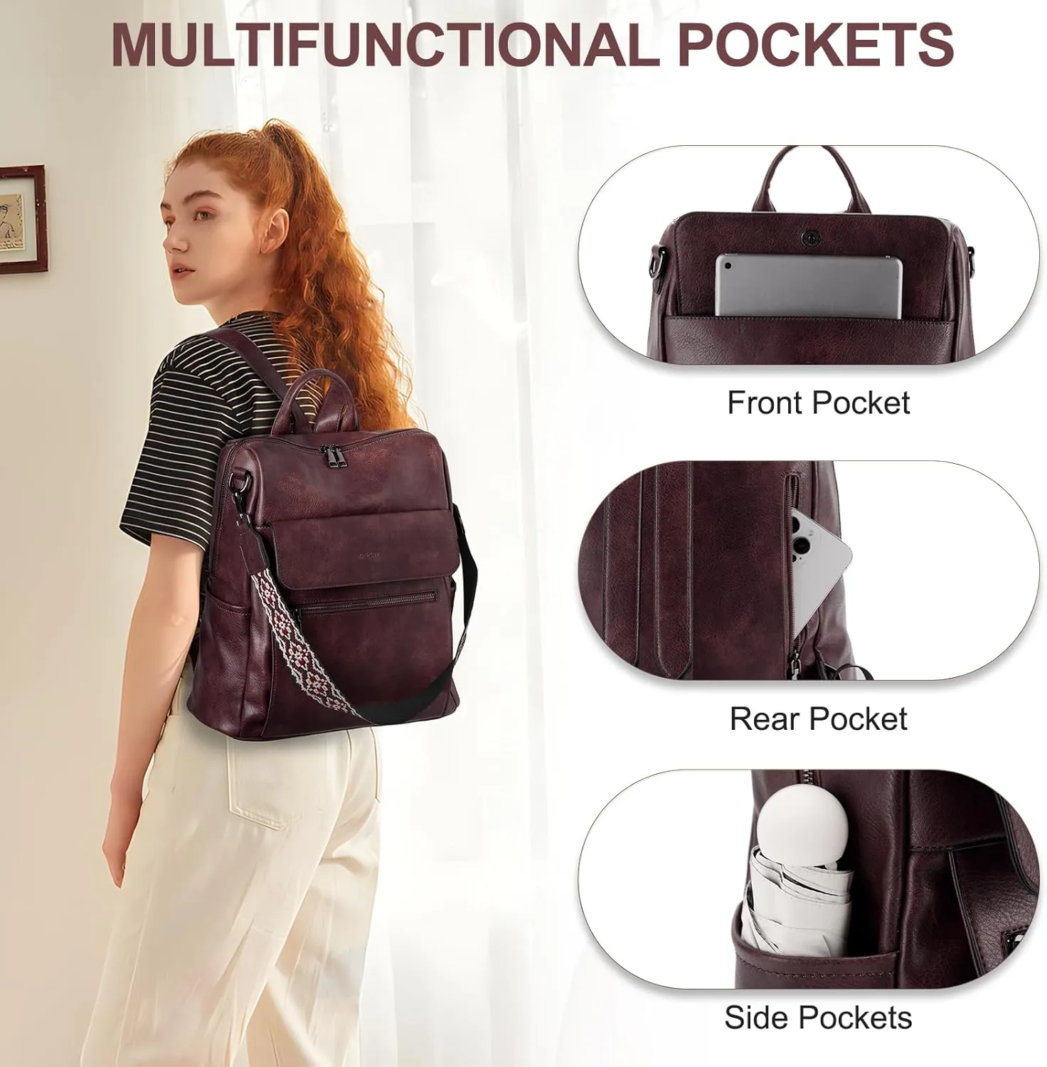 VASCHY Backpack Purse for Women, Large Vegan Leather Backpack Purse with Wallet Pouch Set Convertible Handbag for Ladies Guitar Strap Burgundy