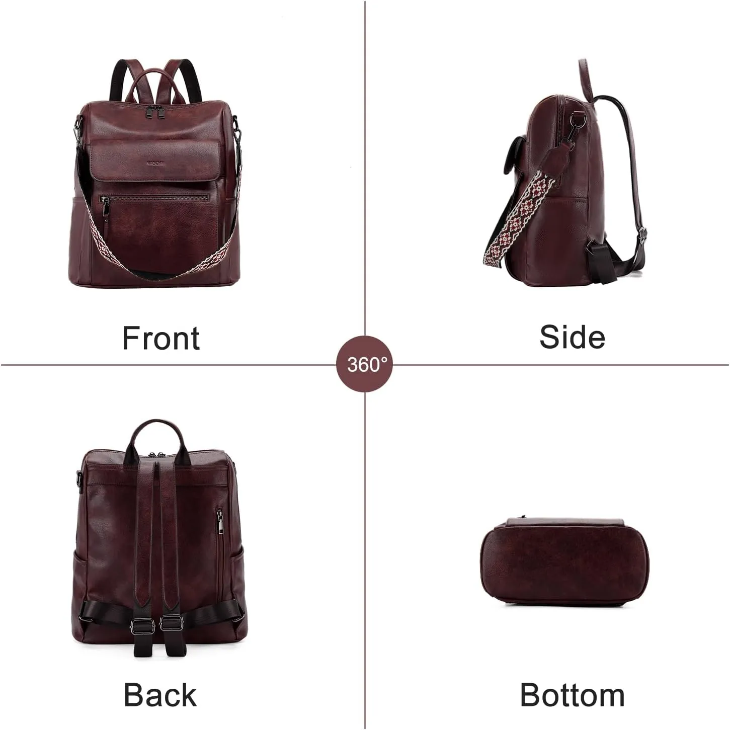 VASCHY Backpack Purse for Women, Large Vegan Leather Backpack Purse with Wallet Pouch Set Convertible Handbag for Ladies Guitar Strap Burgundy