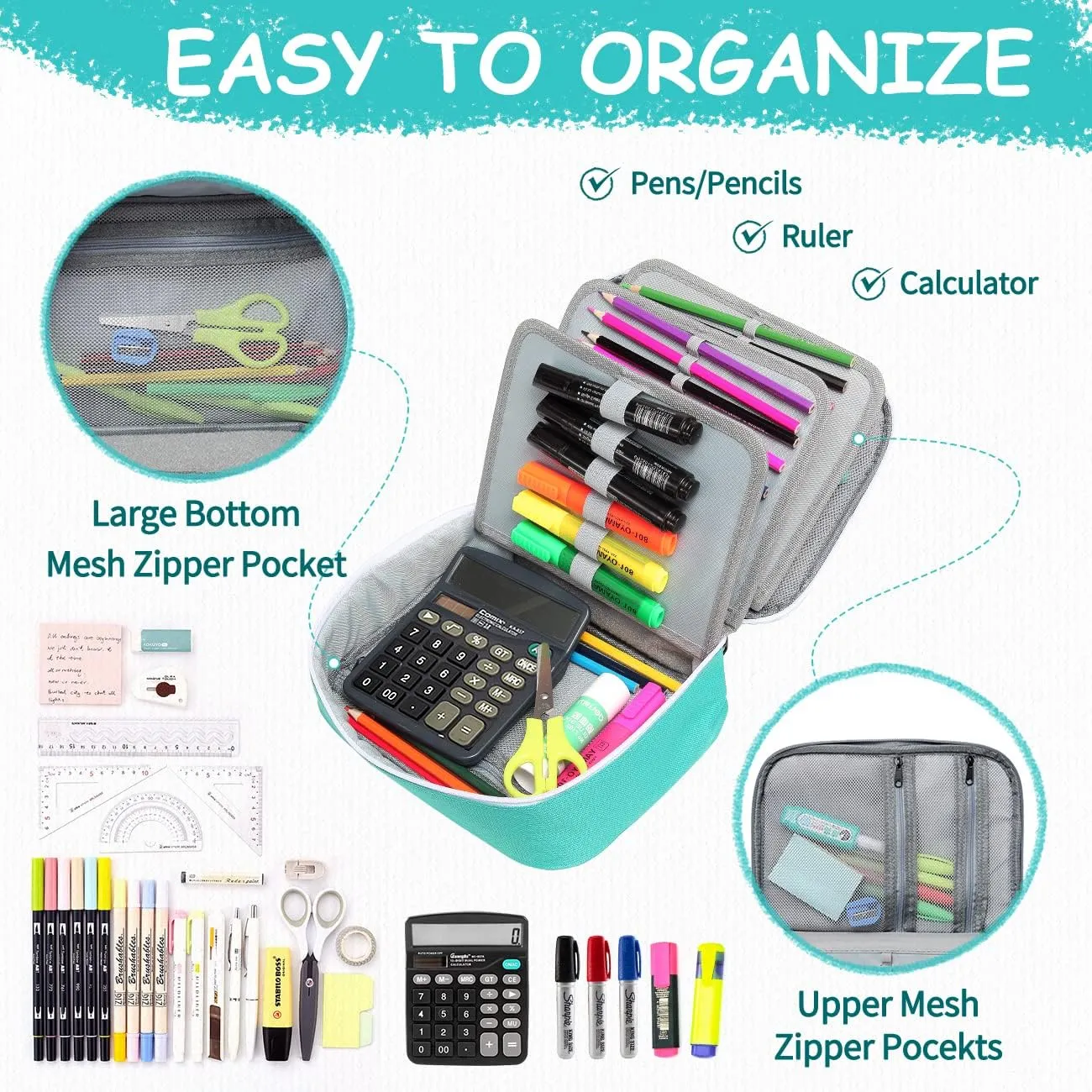 VASCHY Large Pencil Case, Art Color Pencils Pouch with Detachable Layers Multiple Zip Pockets for School Office Stationary Organization Turq