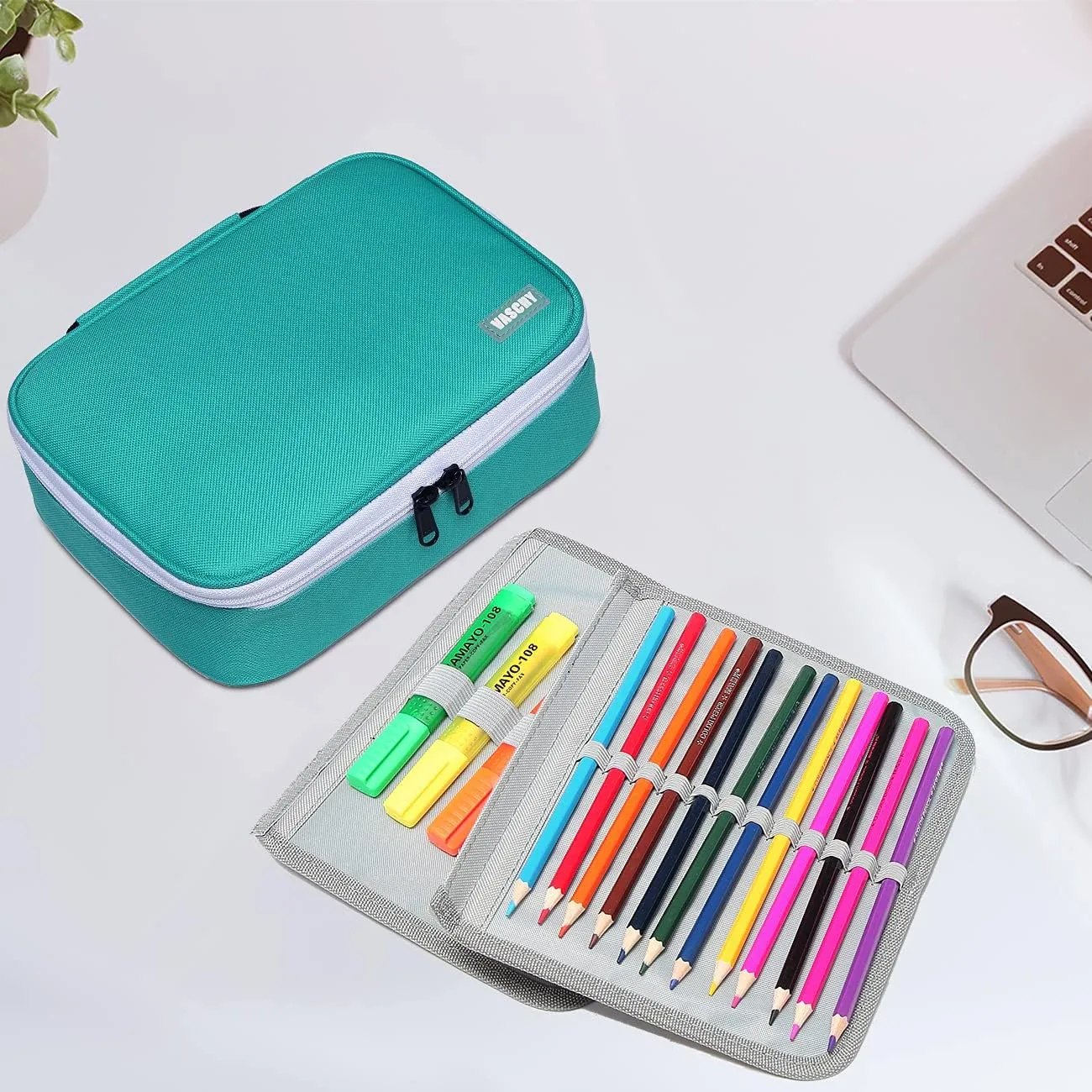 VASCHY Large Pencil Case, Art Color Pencils Pouch with Detachable Layers Multiple Zip Pockets for School Office Stationary Organization Turq