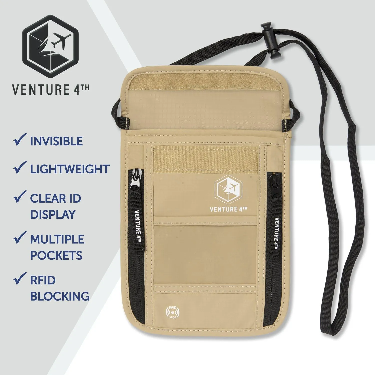 VENTURE 4TH Passport Holder Neck Wallet with RFID Blocking Nylon Lining - Hidden Neck Pouch for Travel (Beige)