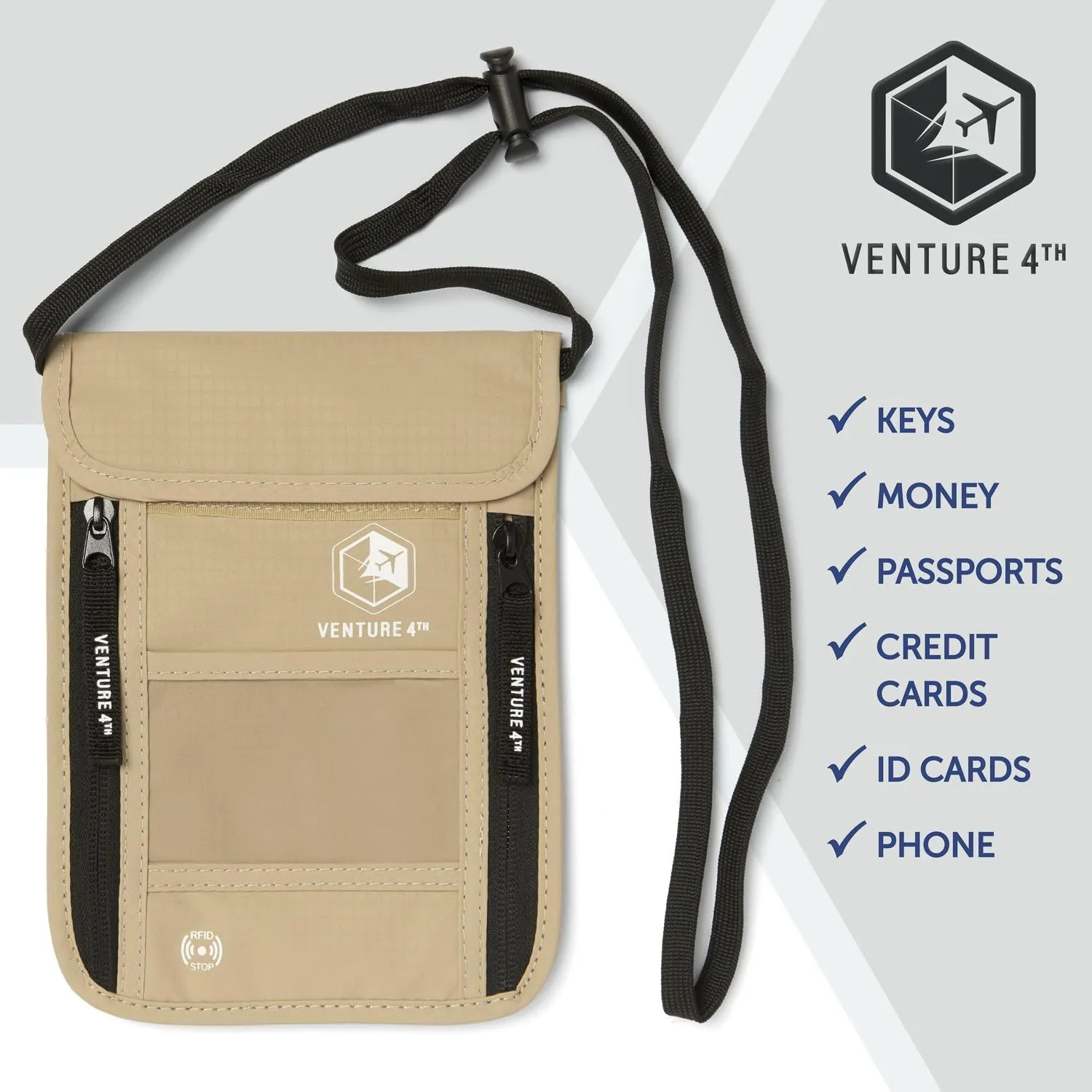 VENTURE 4TH Passport Holder Neck Wallet with RFID Blocking Nylon Lining - Hidden Neck Pouch for Travel (Beige)