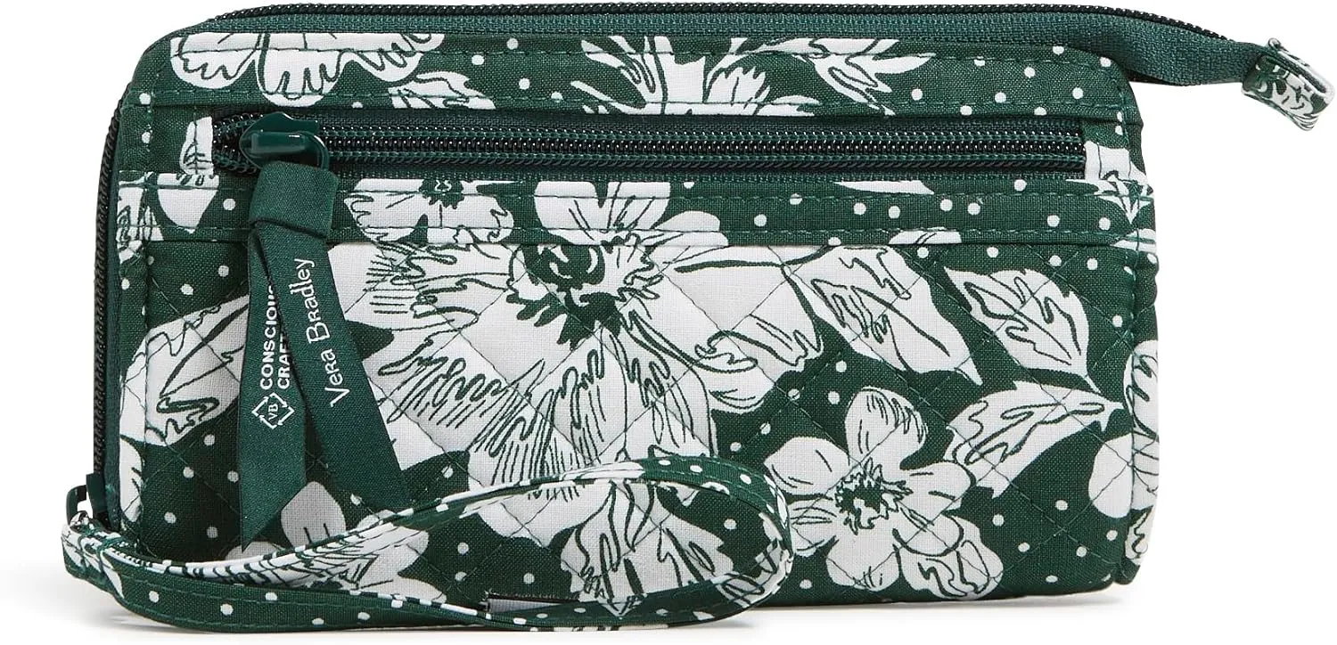 Vera Bradley Cotton Collegiate Front Zip Wristlet with RFID Protection (Multiple Teams Available), Dk Green/White Rain Garden