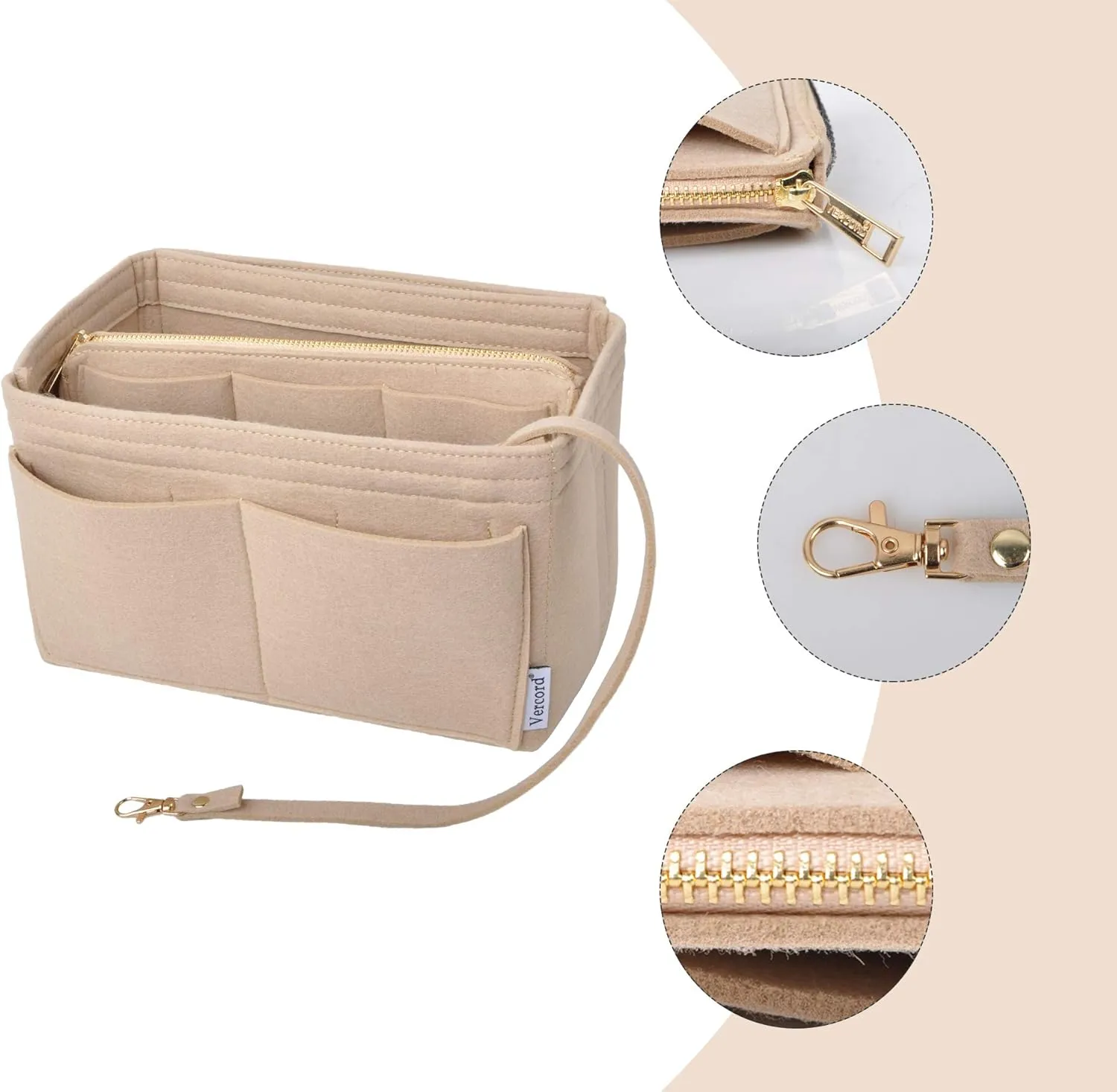 Vercord Felt Organizer Insert for Purse Handbag Tote Bag in Bag Inside Shaper Divider Neo Beige Large