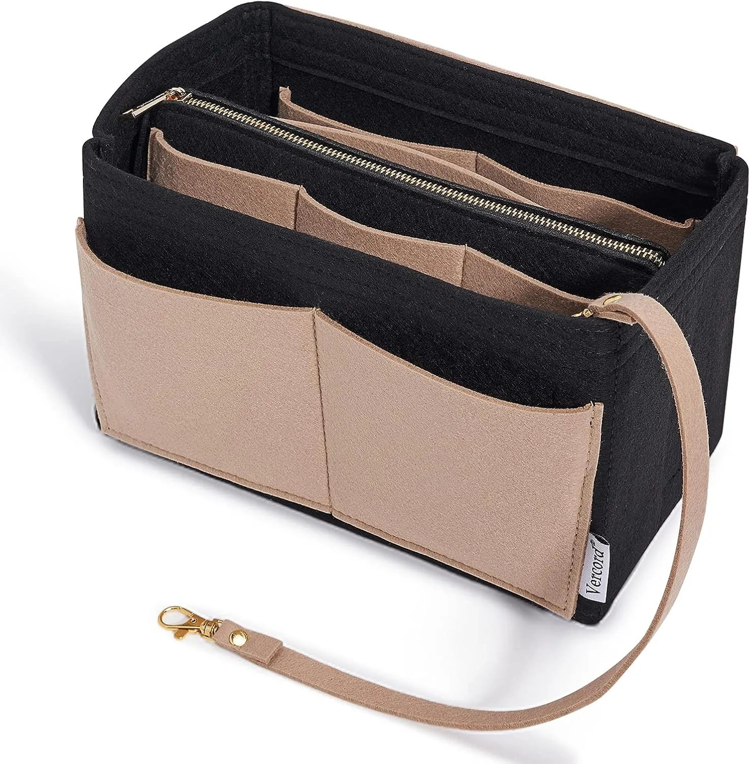 Vercord Felt Organizer Insert For Purse Handbag Tote Bag In Bag Inside Shaper Divider Neo Black & Beige Small