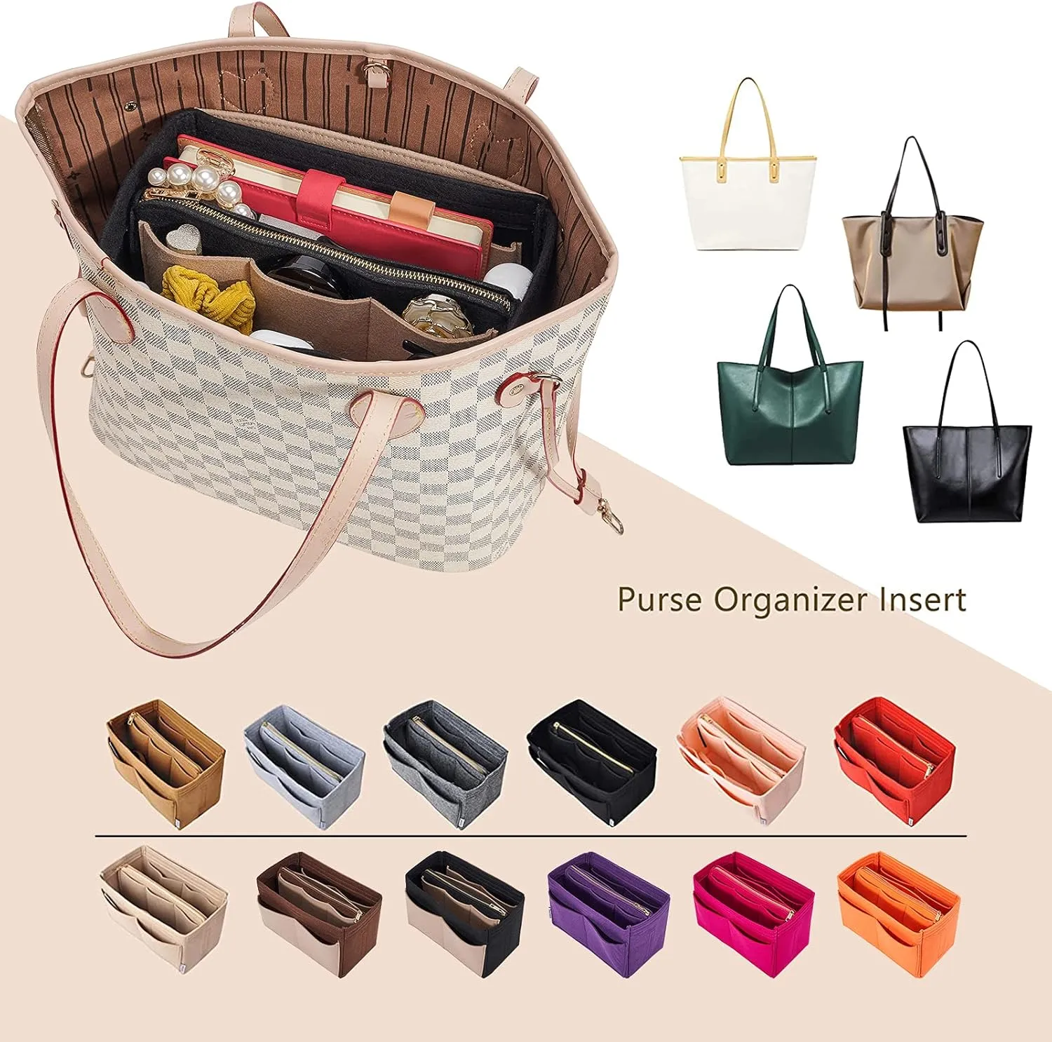 Vercord Felt Organizer Insert For Purse Handbag Tote Bag In Bag Inside Shaper Divider Neo Black & Beige Small
