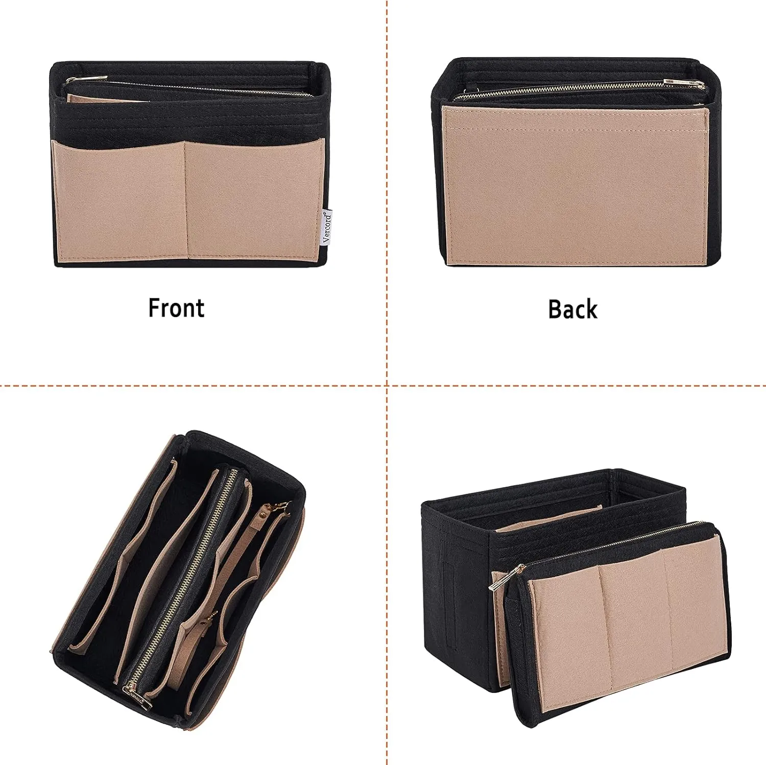 Vercord Felt Organizer Insert For Purse Handbag Tote Bag In Bag Inside Shaper Divider Neo Black & Beige Small