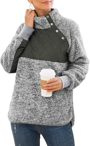 VIISHOW Women's Long Sleeves Quilt Coat Turtleneck Oblique Button Neck Fleece Pullover Coat Sweatshirts Outwear with Pocket
