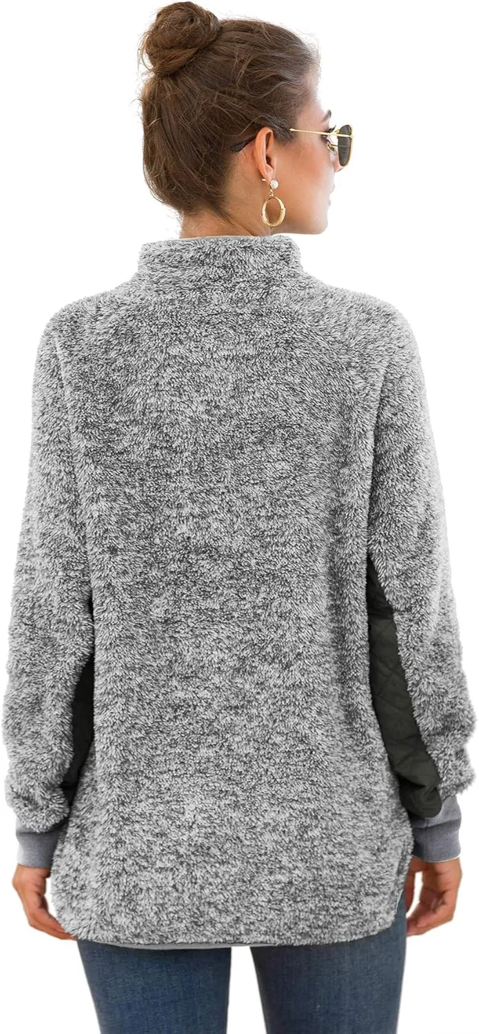 VIISHOW Women's Long Sleeves Quilt Coat Turtleneck Oblique Button Neck Fleece Pullover Coat Sweatshirts Outwear with Pocket