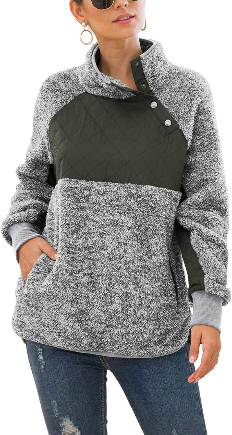 VIISHOW Women's Long Sleeves Quilt Coat Turtleneck Oblique Button Neck Fleece Pullover Coat Sweatshirts Outwear with Pocket