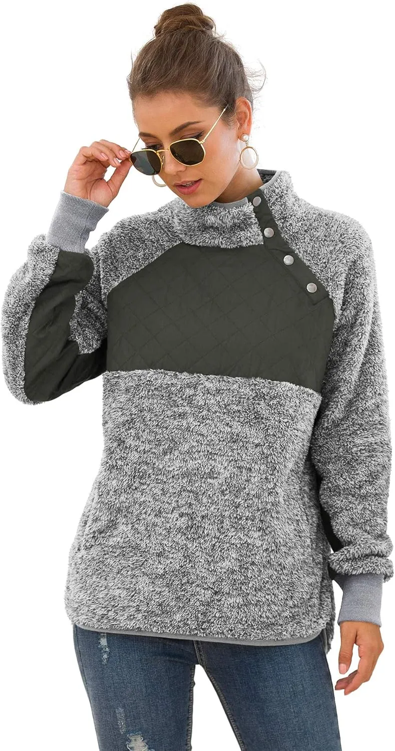 VIISHOW Women's Long Sleeves Quilt Coat Turtleneck Oblique Button Neck Fleece Pullover Coat Sweatshirts Outwear with Pocket
