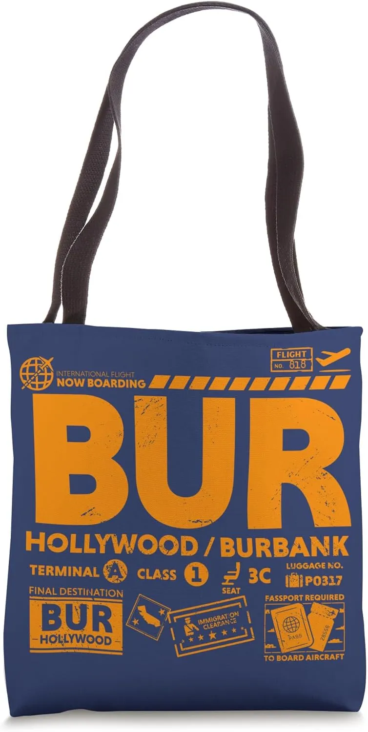 Vintage Hollywood Burbank BUR Airport Code Travel Day Retro Tote Bag