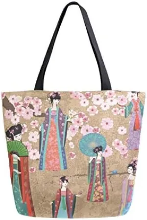 Vintage Japanese Girls Large Canvas Tote Bag Heavy Duty Grocery Bag, Asian Style Women Casual Shoulder Bag Pocket Reusable Handbags for Travel Beach School Nursing Gift