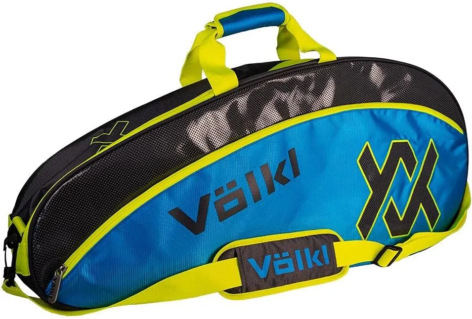 Volkl Tennis Pro Bag | Holds 2 Racquets | Zippered Valuables Pockets | 32" L x 14” H x 8.5” W (Charcoal/Neon Blue/Neon Yellow)