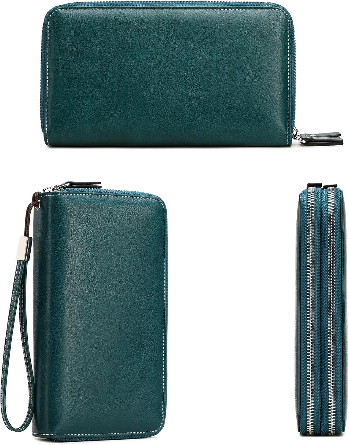 VONCOSS Women's RFID Blocking Leather Wallet - Large Capacity Double Zip Around Clutch with Wristlet,Secure Travel Purse and Phone Holder