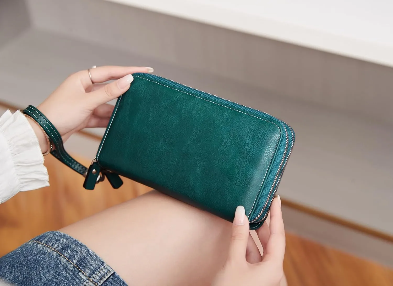 VONCOSS Women's RFID Blocking Leather Wallet - Large Capacity Double Zip Around Clutch with Wristlet,Secure Travel Purse and Phone Holder