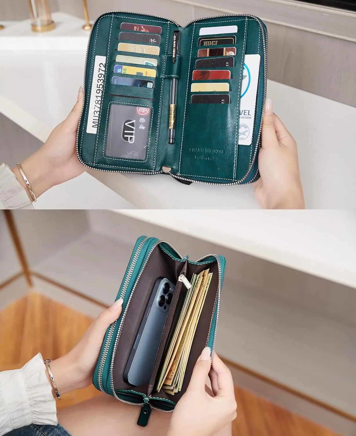 VONCOSS Women's RFID Blocking Leather Wallet - Large Capacity Double Zip Around Clutch with Wristlet,Secure Travel Purse and Phone Holder
