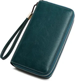 VONCOSS Women's RFID Blocking Leather Wallet - Large Capacity Double Zip Around Clutch with Wristlet,Secure Travel Purse and Phone Holder