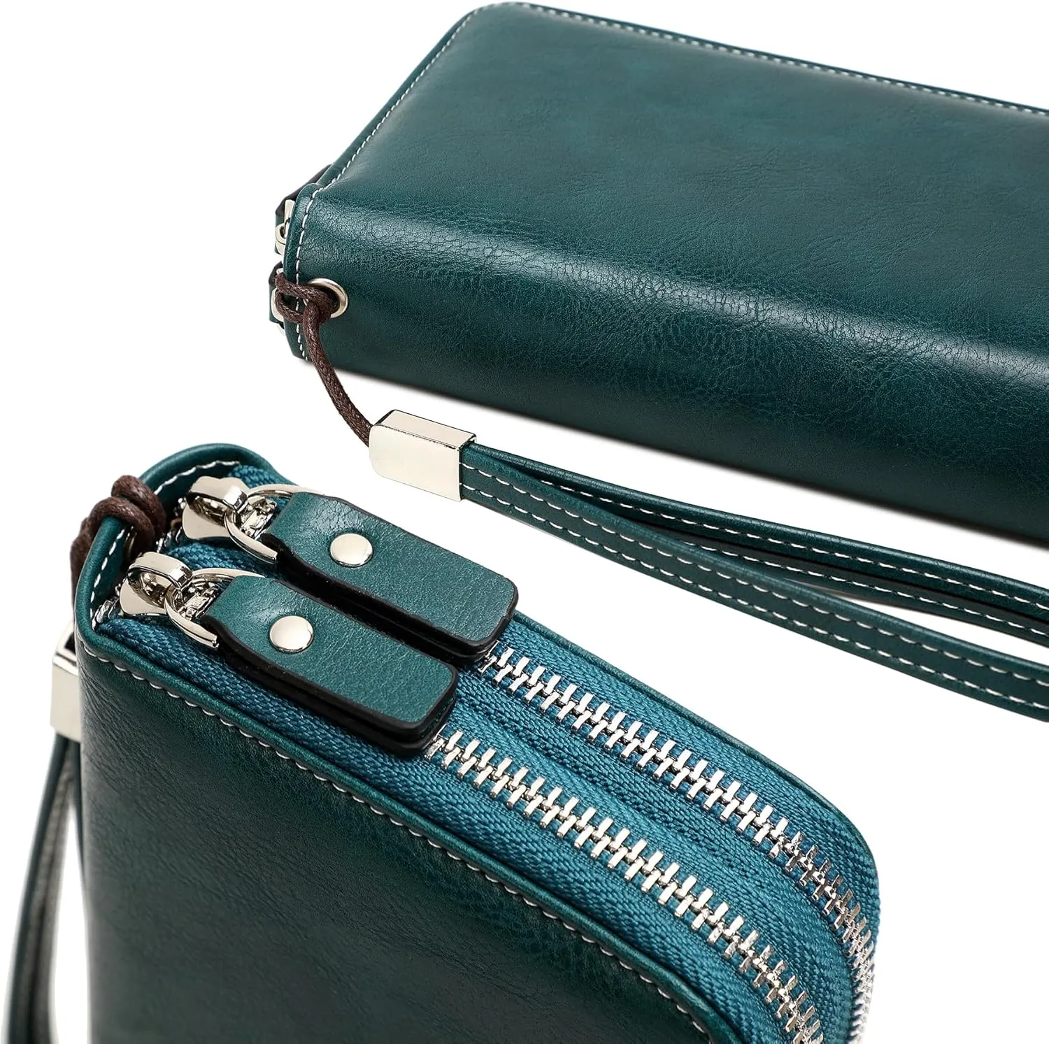 VONCOSS Women's RFID Blocking Leather Wallet - Large Capacity Double Zip Around Clutch with Wristlet,Secure Travel Purse and Phone Holder
