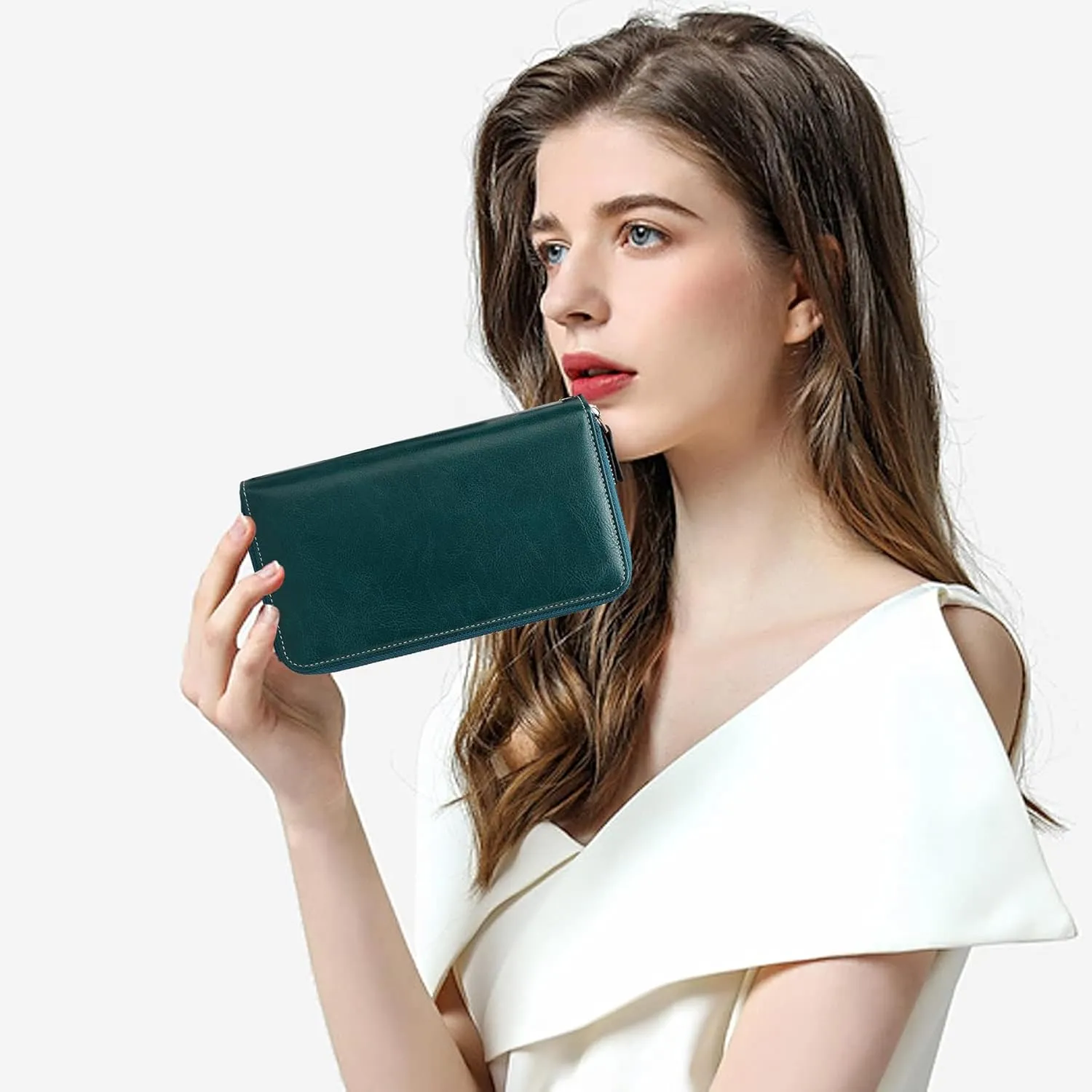 VONCOSS Women's RFID Blocking Leather Wallet - Large Capacity Double Zip Around Clutch with Wristlet,Secure Travel Purse and Phone Holder