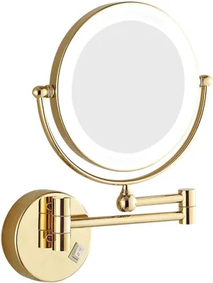 Wall Mounted Makeup Mirror with LED Lighted, Makeup Mirror with Magnification, 360 Degree Swivel, Two-Sided Extendable, No Need to Punch Holes to Install, for Bathroom (Color : Gold, Size : 7X)