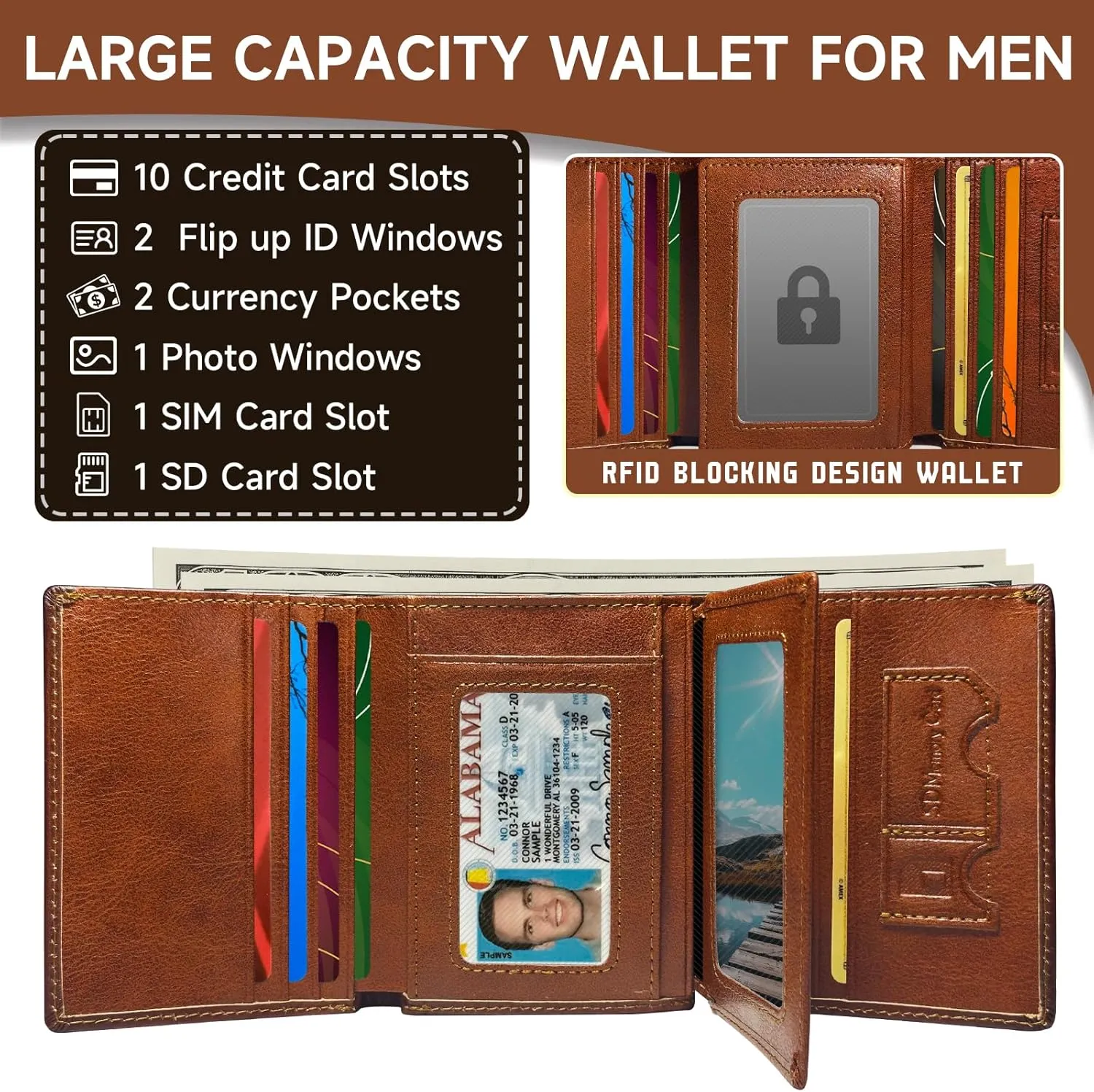 Wallet for Men Trifold RFID Blocking Credit Card Holder, Leather Compact Large Capacity Minimalist Mens Wallet Money Clip with ID Window 10 Credit Card Slots