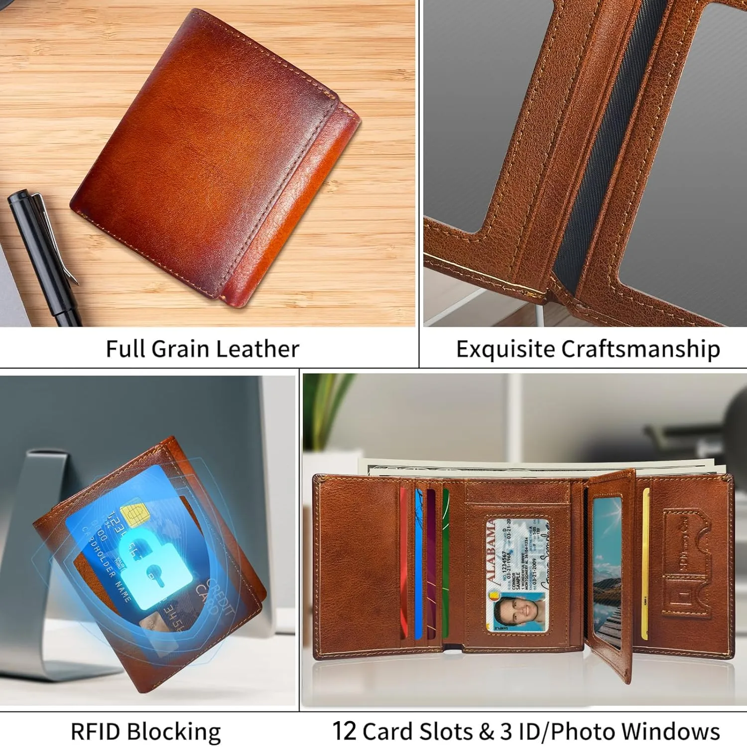 Wallet for Men Trifold RFID Blocking Credit Card Holder, Leather Compact Large Capacity Minimalist Mens Wallet Money Clip with ID Window 10 Credit Card Slots