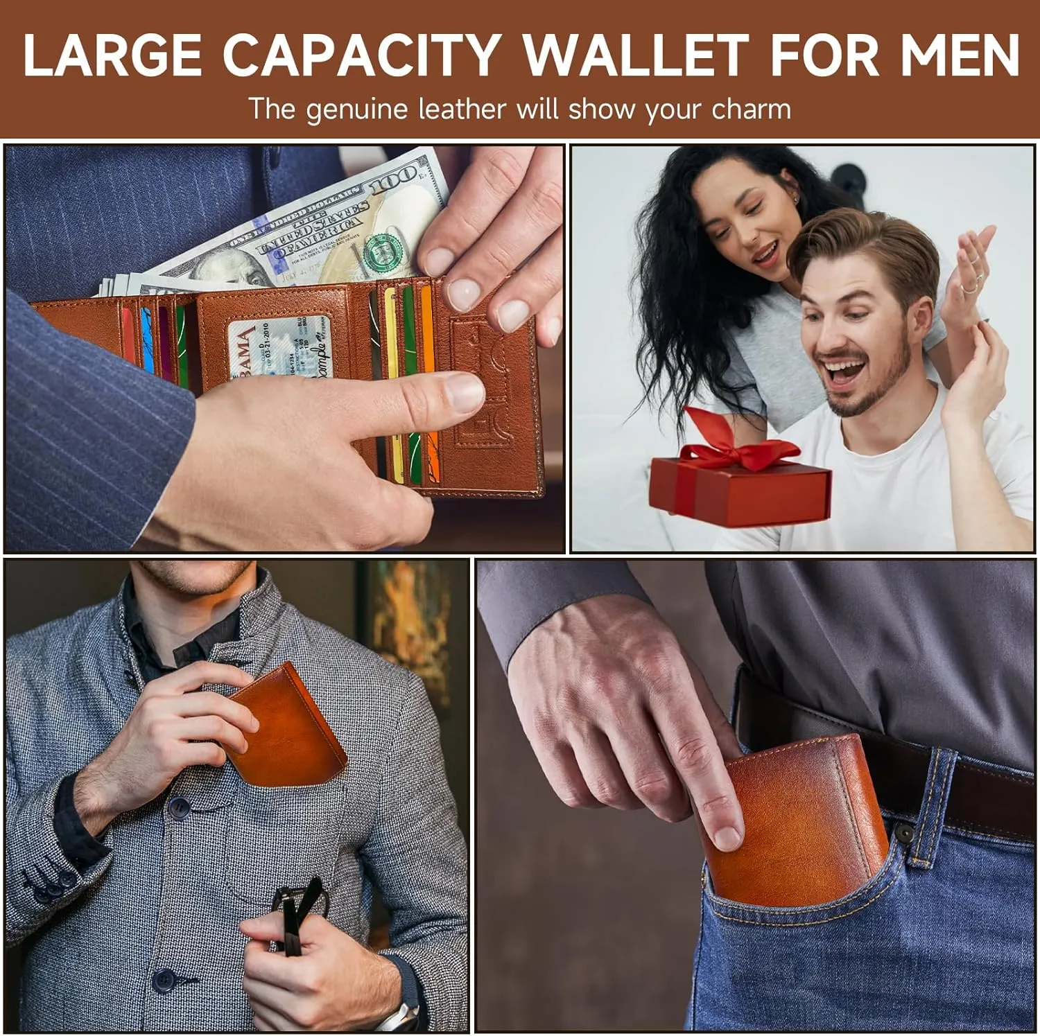 Wallet for Men Trifold RFID Blocking Credit Card Holder, Leather Compact Large Capacity Minimalist Mens Wallet Money Clip with ID Window 10 Credit Card Slots