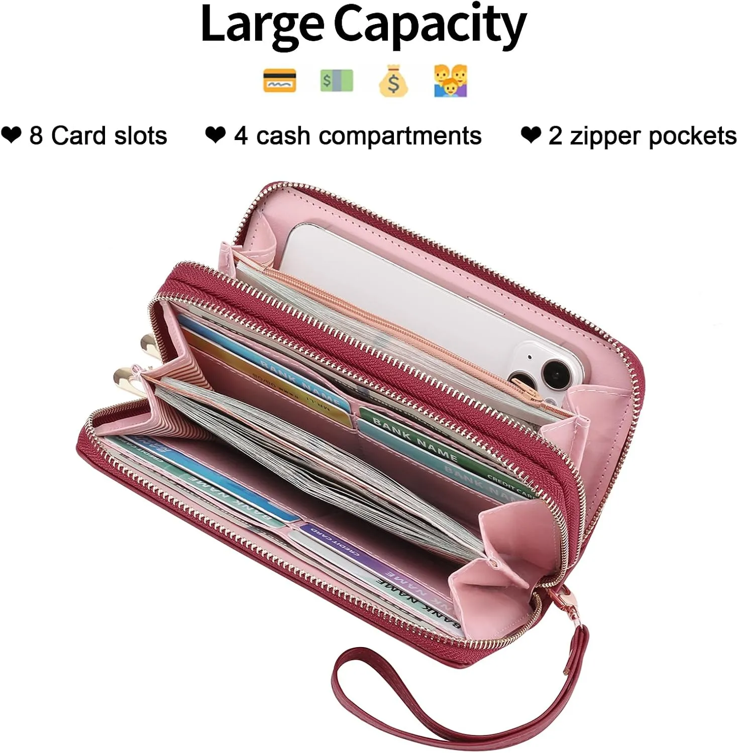 Wallet for Women RFID Blocking Leather Credit Card Holder with Double Zipper Large Capacity Phone Wristlet Purse