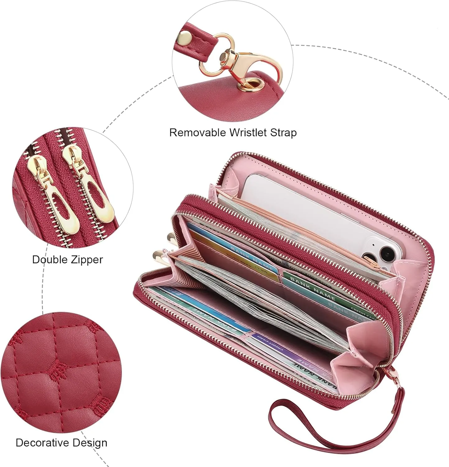 Wallet for Women RFID Blocking Leather Credit Card Holder with Double Zipper Large Capacity Phone Wristlet Purse