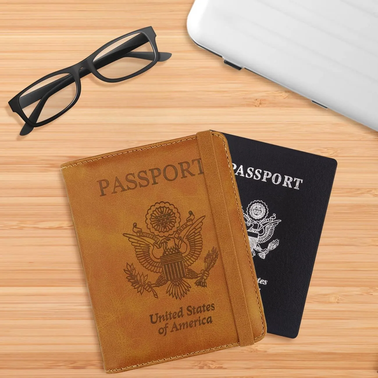 WALNEW Passport Holder for Travel, RFID Passport Cover Wallet for Women Men, PU Leather Passport Book Card Holder Case with Pen, Travelling Essentials for Flying