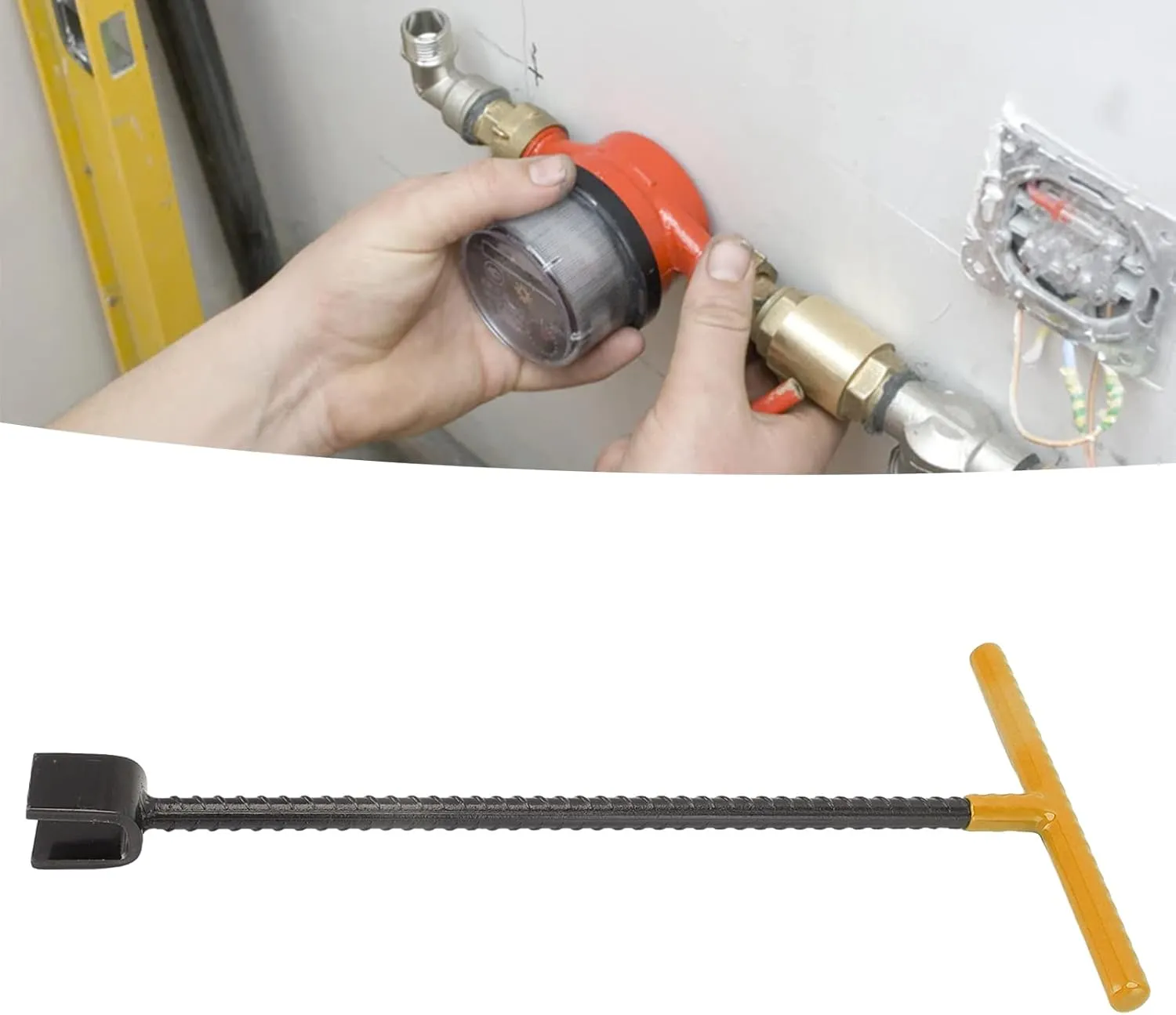 Water Meter Key Wrench, 16 Inch T Handle Tool with 4 Way Utility Key Heavy Duty Steel for Valve Faucet Cabinet, Comes with MultiFunctional Key for Electric Meter Box (Yellow)