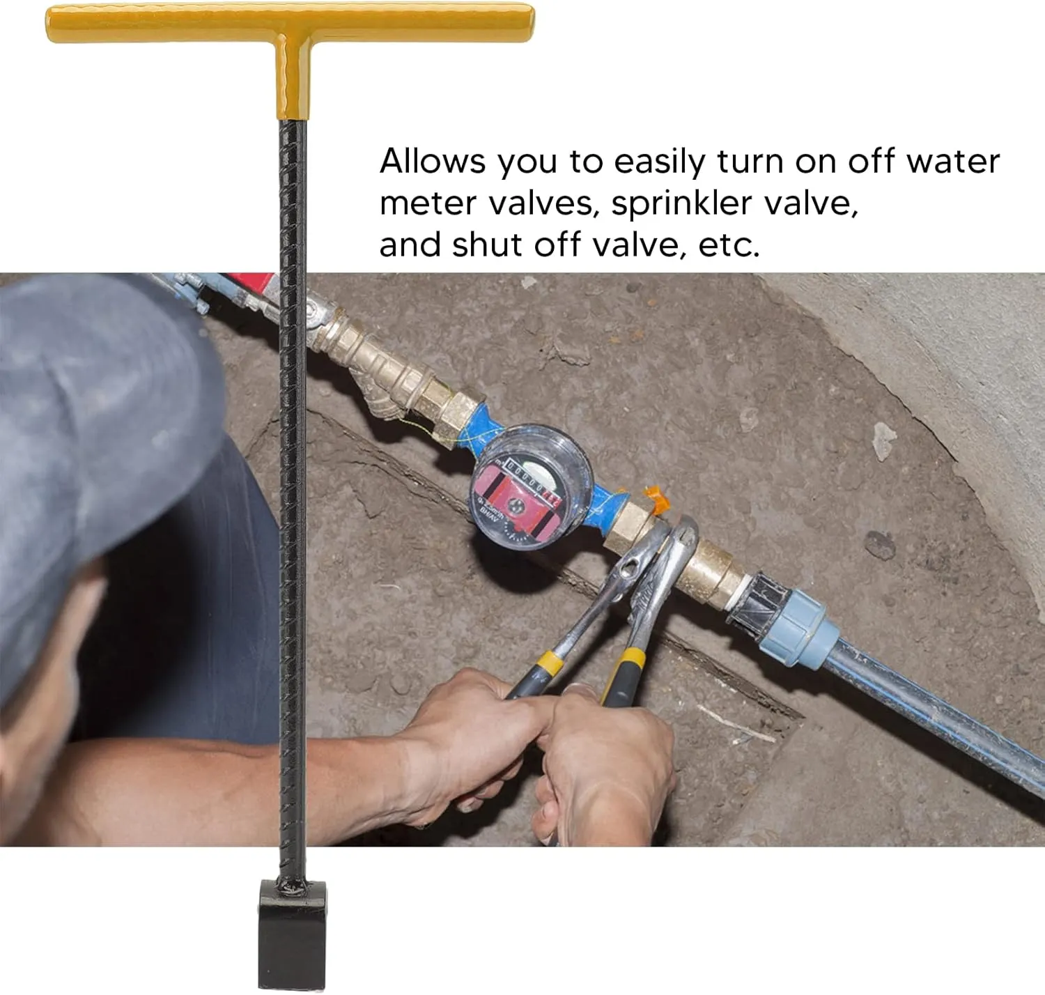 Water Meter Key Wrench, 16 Inch T Handle Tool with 4 Way Utility Key Heavy Duty Steel for Valve Faucet Cabinet, Comes with MultiFunctional Key for Electric Meter Box (Yellow)