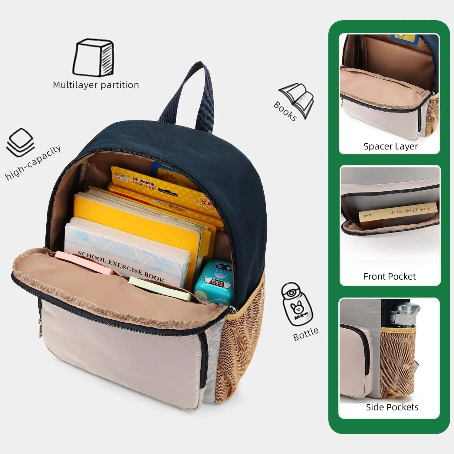 Waterproof Backpack for School Kids Backpack Bookbag Girls Boys Lightweight Travel Bag (Grey)