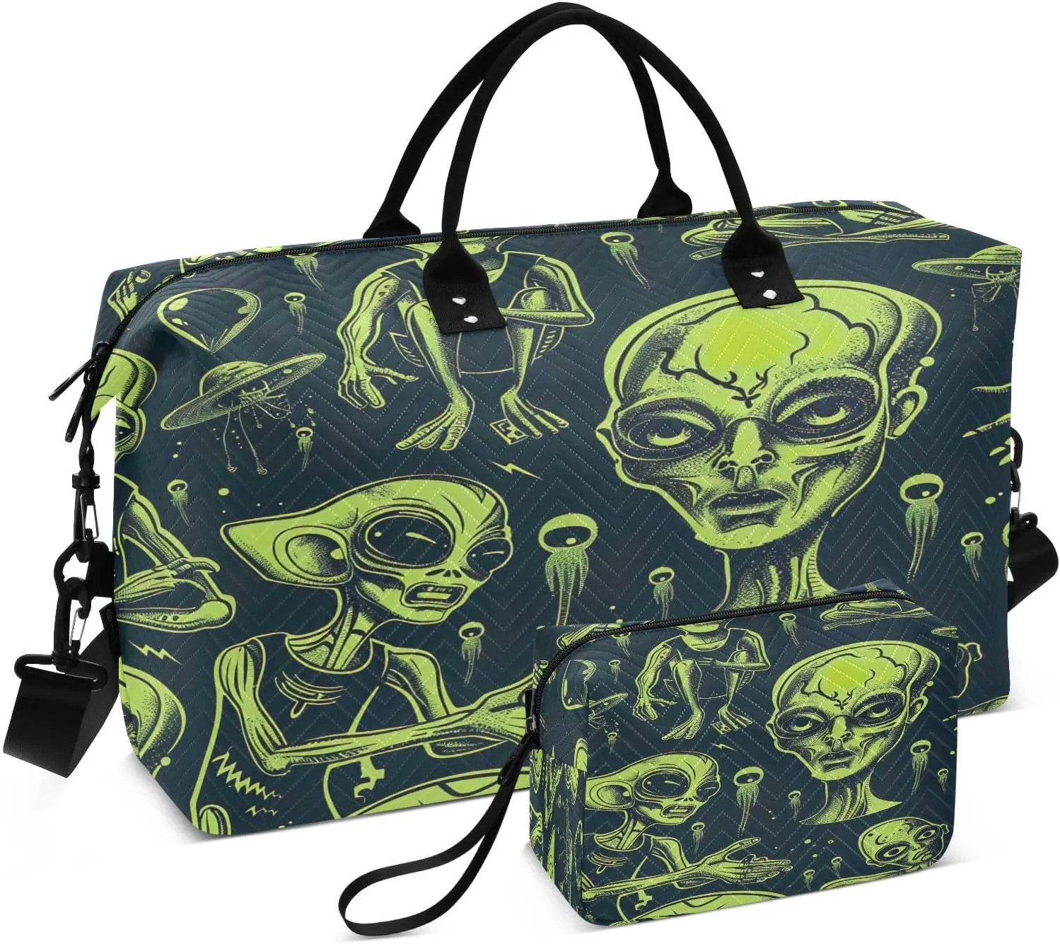 Weekender Bags for Women,Foldable Cute Aliens Travel Duffel Bag with Trolley Sleeve Travel Tote Gym Bag with Toiletry Bag