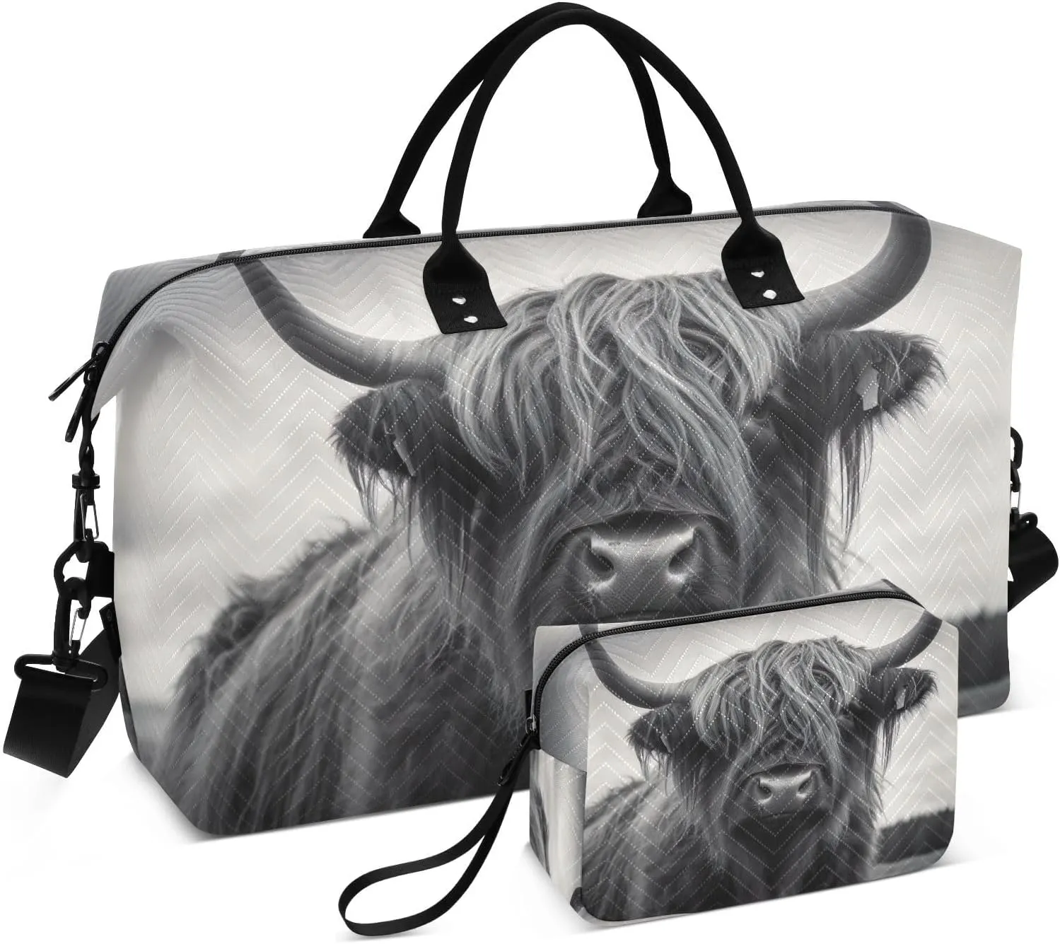 Weekender Bags for Women,Foldable Highland Cow Travel Duffel Bag with Trolley Sleeve Travel Tote Gym Bag with Toiletry Bag