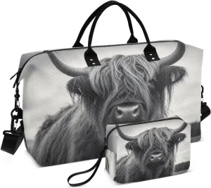 Weekender Bags for Women,Foldable Highland Cow Travel Duffel Bag with Trolley Sleeve Travel Tote Gym Bag with Toiletry Bag