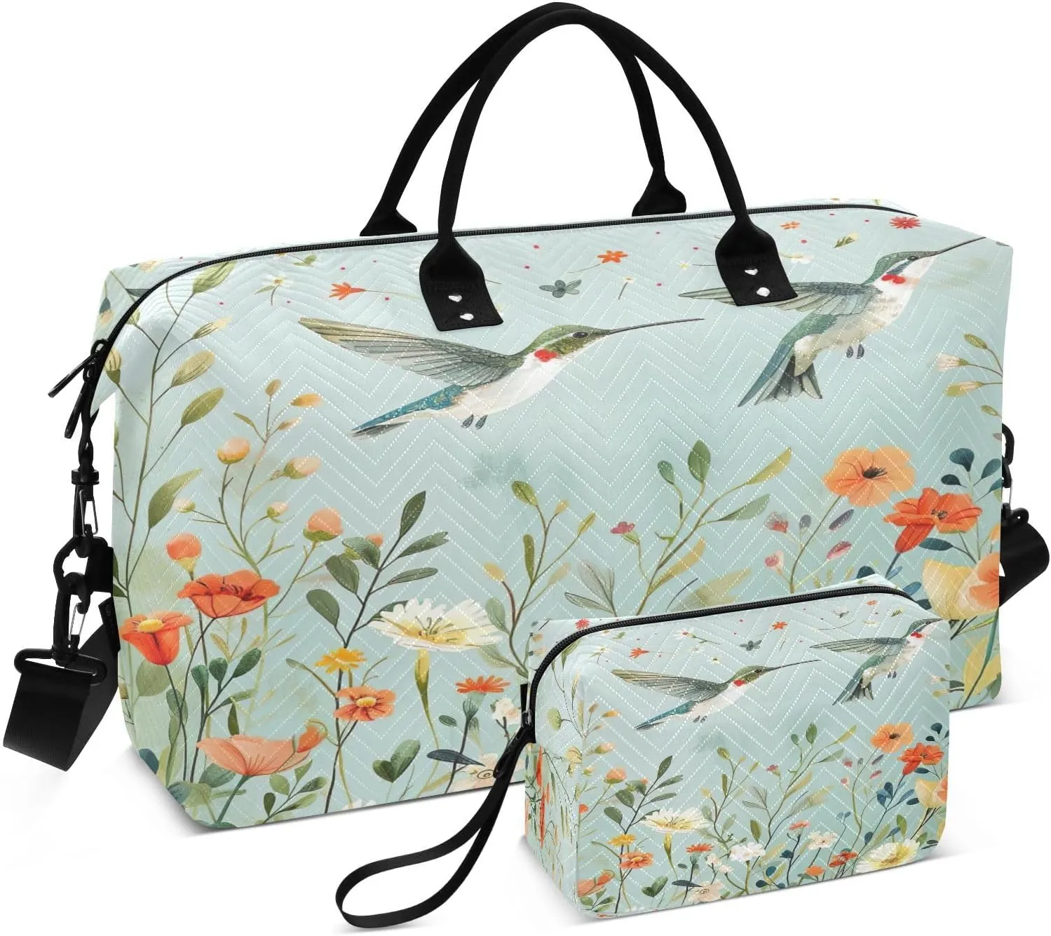 Weekender Bags for Women,Foldable Hummingbirds Wildflowers Travel Duffel Bag with Trolley Sleeve Travel Tote Gym Bag with Toiletry Bag