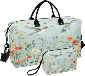 Weekender Bags for Women,Foldable Hummingbirds Wildflowers Travel Duffel Bag with Trolley Sleeve Travel Tote Gym Bag with Toiletry Bag