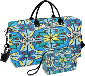 Weekender Bags for Women,Foldable Mexican Tile Travel Duffel Bag with Trolley Sleeve Travel Tote Gym Bag with Toiletry Bag