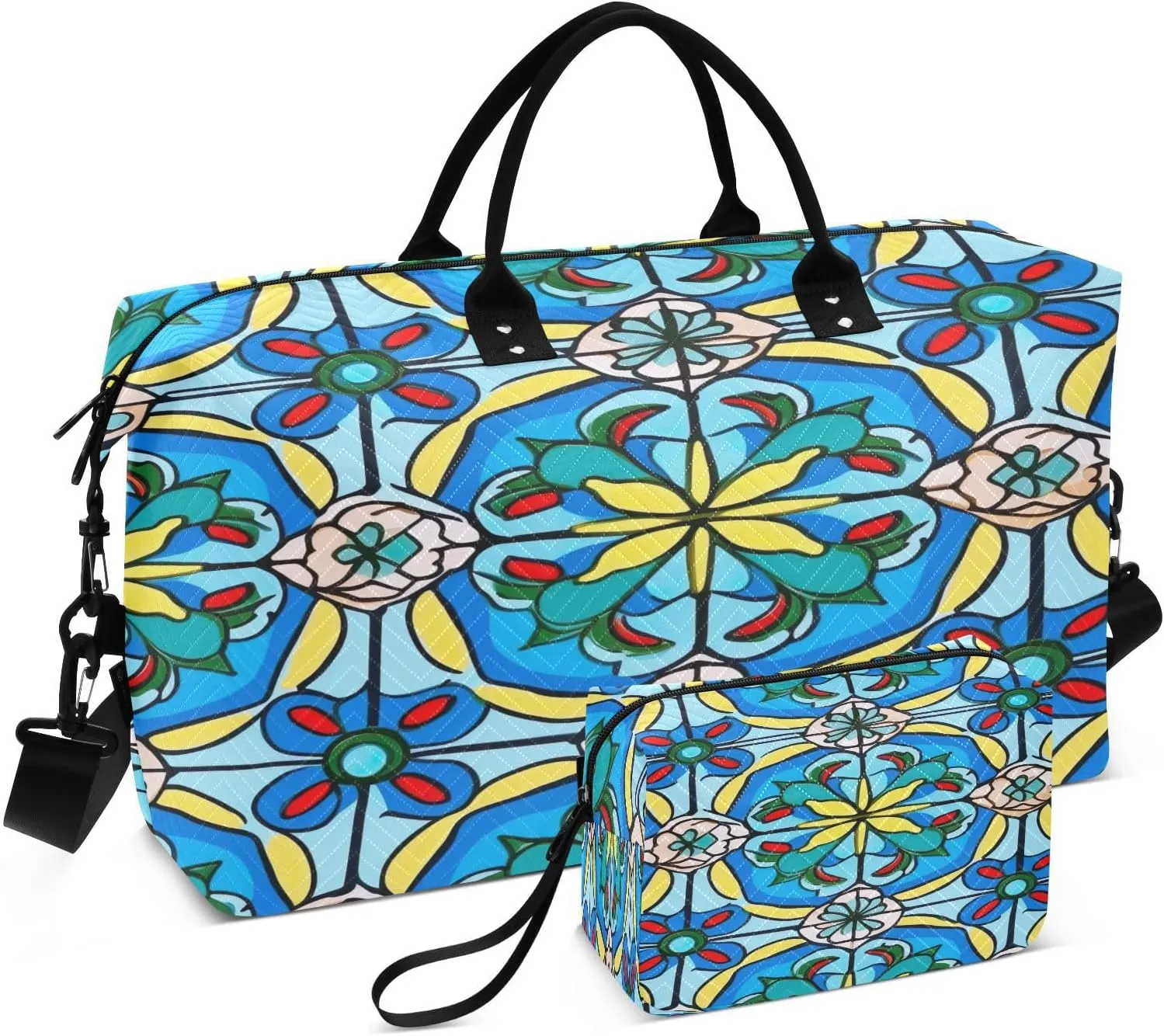 Weekender Bags for Women,Foldable Mexican Tile Travel Duffel Bag with Trolley Sleeve Travel Tote Gym Bag with Toiletry Bag