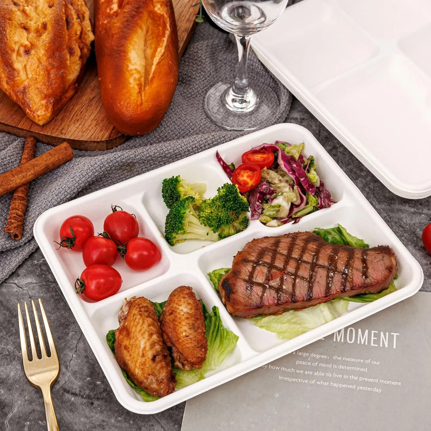 WELLIFE 100% Compostable 5 Compartment Paper Plates, 10.25 * 8.25 Inch 125 Pack Heavy Duty Divided Disposable School Lunch Trays, Eco-Friendly Bagasse Plates for Boys, Girls and Youth (BPA Free)