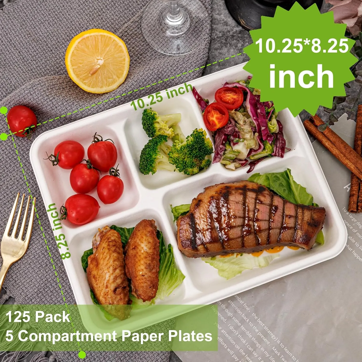 WELLIFE 100% Compostable 5 Compartment Paper Plates, 10.25 * 8.25 Inch 125 Pack Heavy Duty Divided Disposable School Lunch Trays, Eco-Friendly Bagasse Plates for Boys, Girls and Youth (BPA Free)